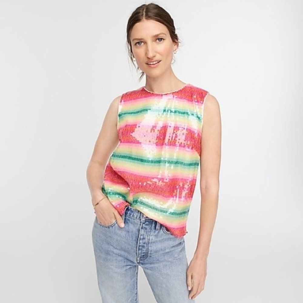 NWT J. Crew Watermelon Sequin Stripe Top,  Pink/Green/Yellow, Size XS